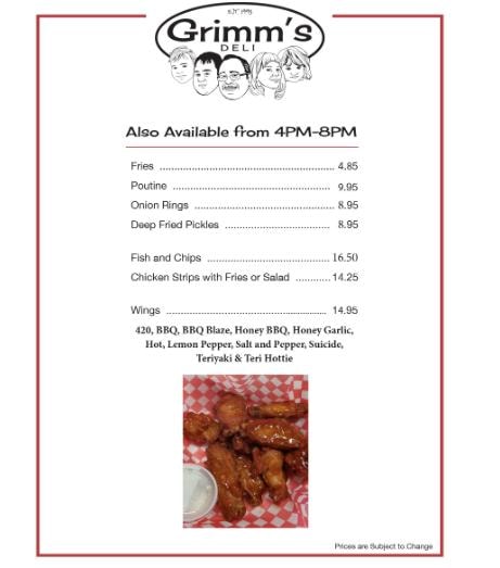 Also Available 4PM–8PM menu — Grimm's Deli