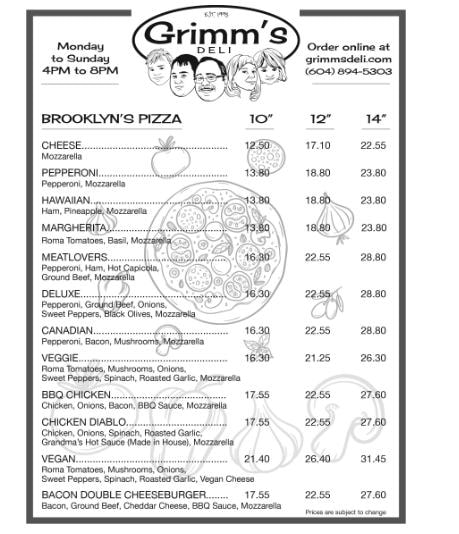 Brooklyn's Pizza menu — Grimm's Deli