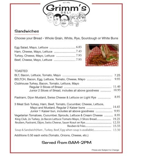 Sandwiches menu — Grimm's Deli